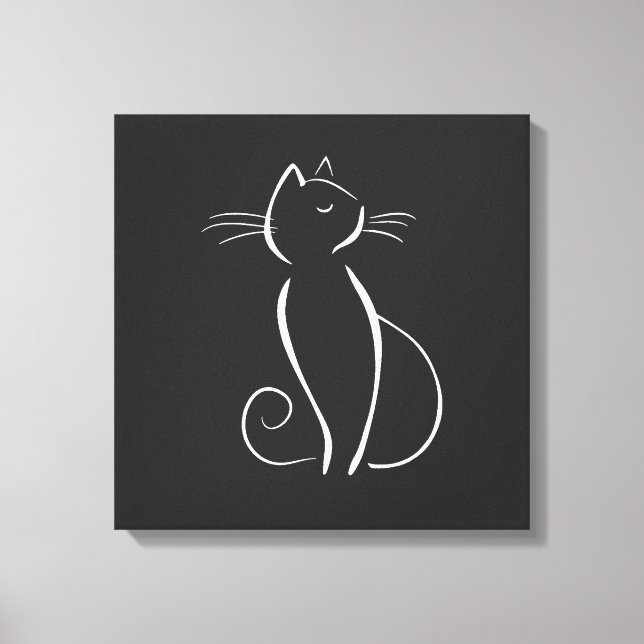 Minimalist White Cat On Black Add Name Canvas Print (Front)