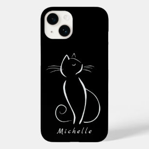 Minimalist White Cat On Black Add Name Case-Mate iPhone 14 Case