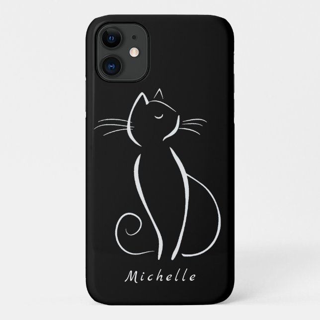 Minimalist White Cat On Black Add Name Case-Mate iPhone Case (Back)