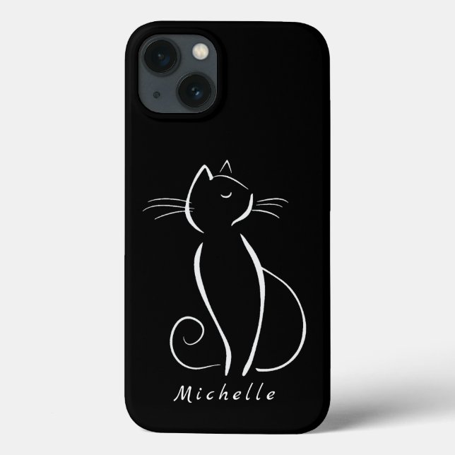 Minimalist White Cat On Black Add Name Case-Mate iPhone Case (Back)