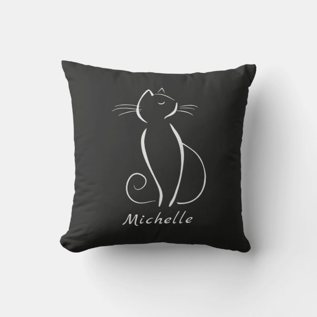 Minimalist White Cat On Black Add Name Cushion (Front)