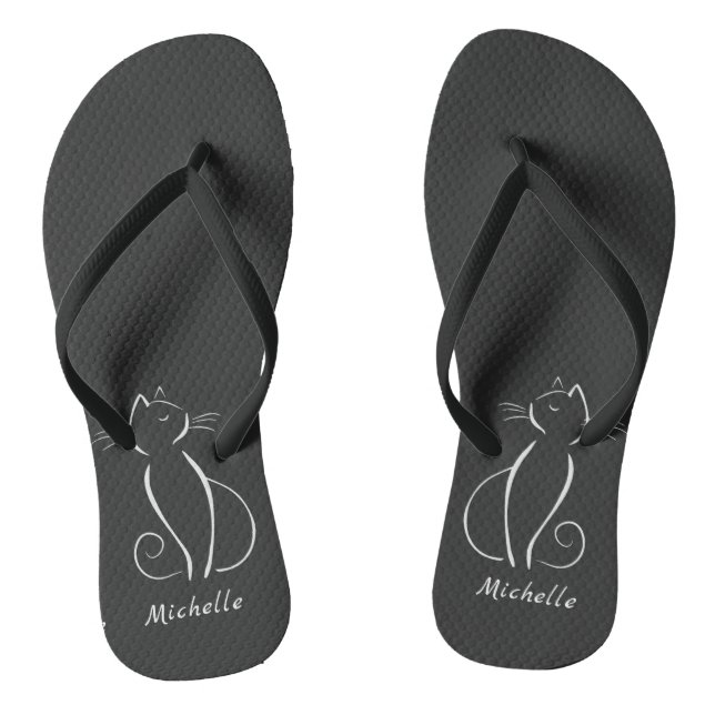 Minimalist White Cat On Black Add Name Flip Flops (Footbed)
