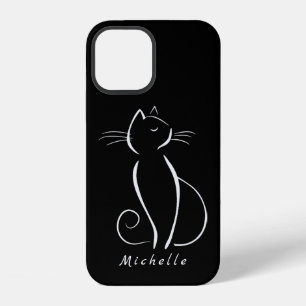 Minimalist White Cat On Black Add Name iPhone 12 Case