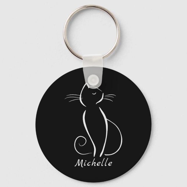 Minimalist White Cat On Black Add Name Key Ring (Front)