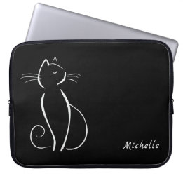 Minimalist White Cat On Black Add Name Laptop Sleeve