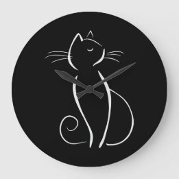 Minimalist White Cat On Black Add Name Large Clock