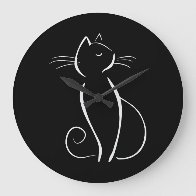 Minimalist White Cat On Black Add Name Large Clock (Front)
