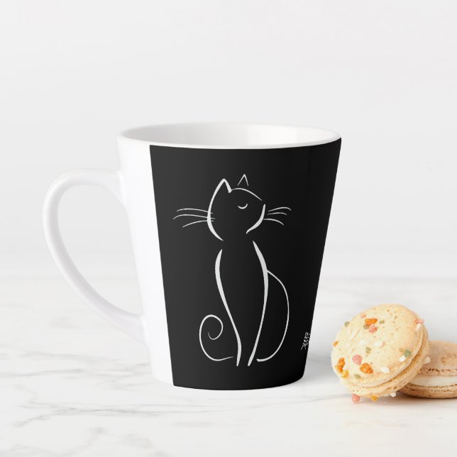 Minimalist White Cat On Black Add Name Latte Mug (In Situ)