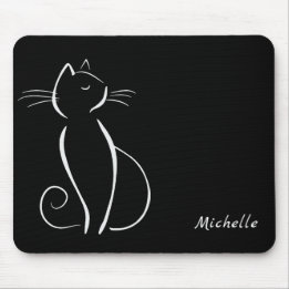 Minimalist White Cat On Black Add Name Mouse Mat