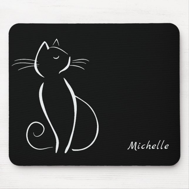 Minimalist White Cat On Black Add Name Mouse Mat (Front)