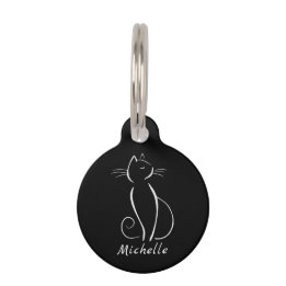 Minimalist White Cat On Black Add Name  Pet Tag