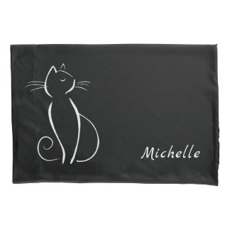 Minimalist White Cat On Black Add Name Pillowcase
