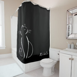Minimalist White Cat On Black Add Name Shower Curtain
