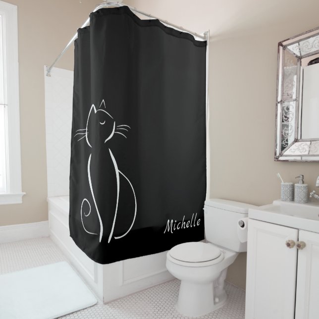 Minimalist White Cat On Black Add Name Shower Curtain (In Situ)