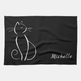 Minimalist White Cat On Black Add Name Tea Towel