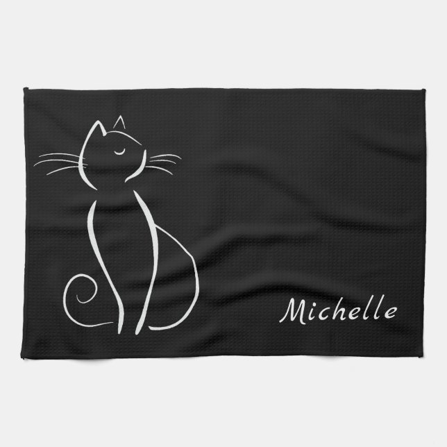 Minimalist White Cat On Black Add Name Tea Towel (Horizontal)