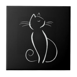 Minimalist White Cat On Black Tile