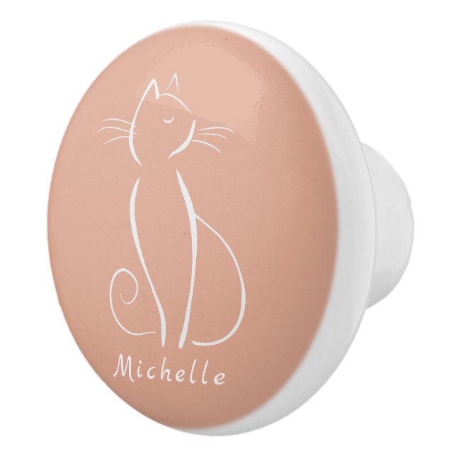 Minimalist White Cat On Pink Add Name Ceramic Knob (Right)