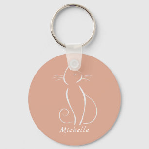 Minimalist White Cat On Pink Add Name Keychain