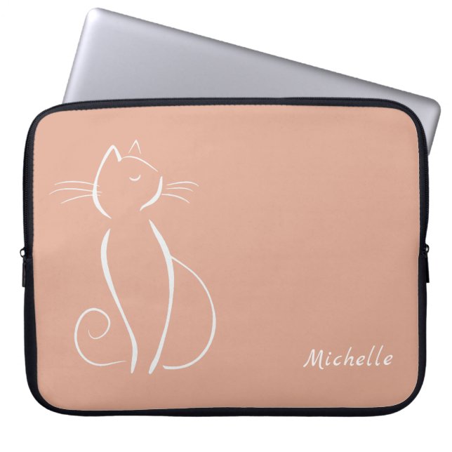 Minimalist White Cat On Pink Add Name  Laptop Sleeve (Front)