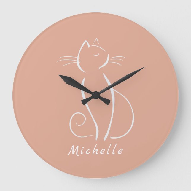 Minimalist White Cat On Pink Add Name   Large Clock (Front)