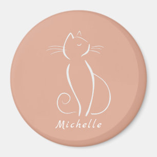 Minimalist White Cat On Pink Add Name Magnet