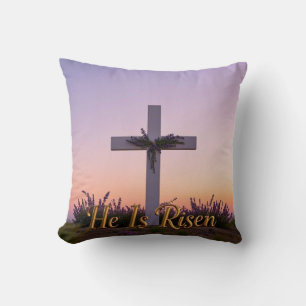 Minimalist white cross adorned with lavender  cushion