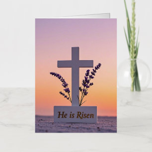 Minimalist white cross adorned with lavender foil greeting card