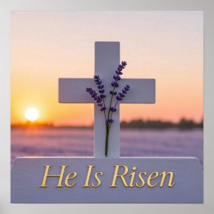 Minimalist white cross adorned with lavender poster