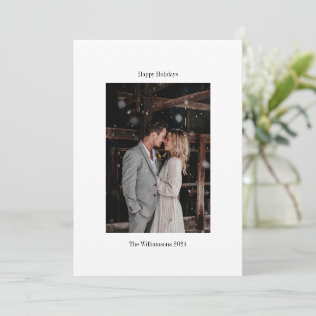 Minimalist White Elegant Wedding Custom Photo Holiday Card (Standing Front)