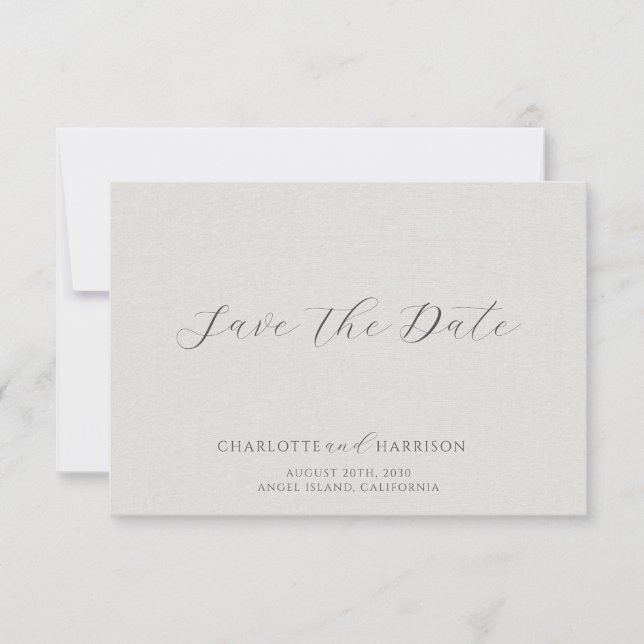 Minimalist White Faux Linen Save The Date (Front)