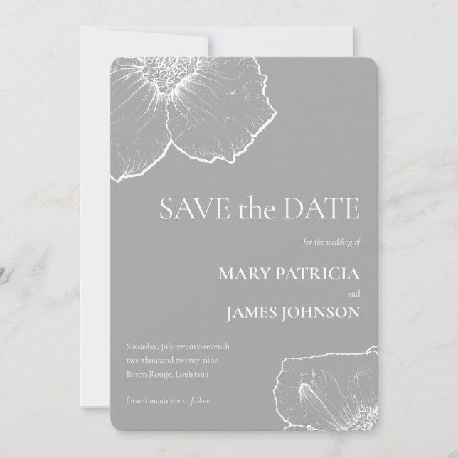 Minimalist White Floral Clematis Drawing Wedding Save The Date (Front)