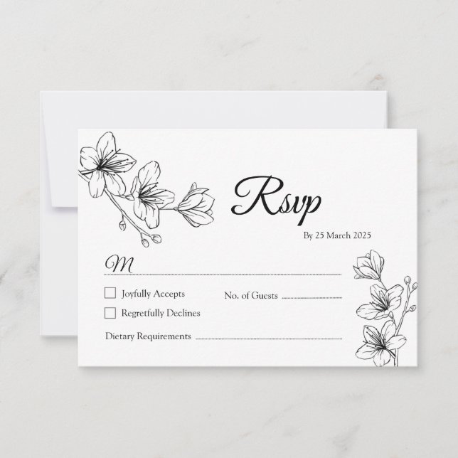 Minimalist White Floral Line Art RSVP Card (Front)