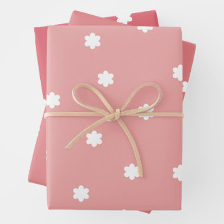 Minimalist White Flowers on Three Red Tones Wrapping Paper Sheet