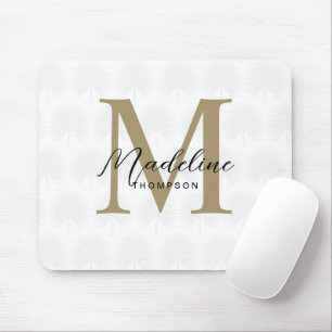 Minimalist White Gold Anahaw Leaf Script Monogram Mouse Mat