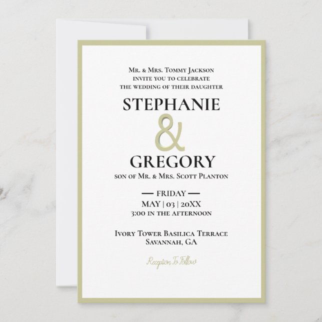 Minimalist White & Gold Border Wedding  Invitation (Front)