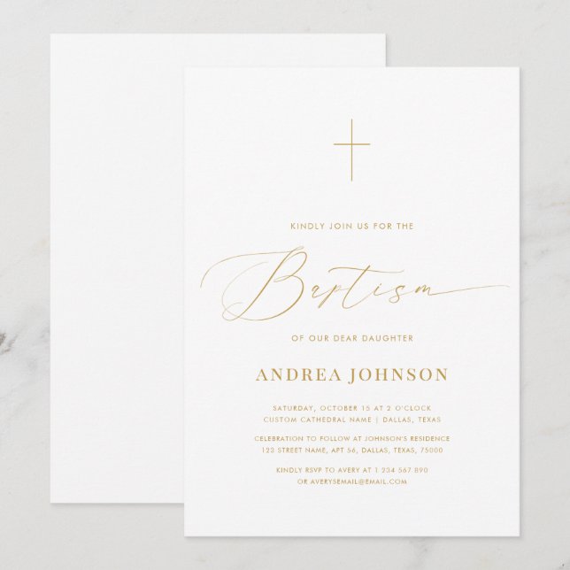 Minimalist White & Gold Elegant Script Baptism Invitation (Front/Back)