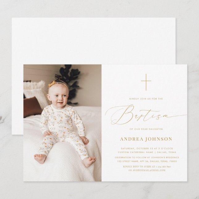 Minimalist White Gold Elegant Script Photo Baptism Invitation (Front/Back)