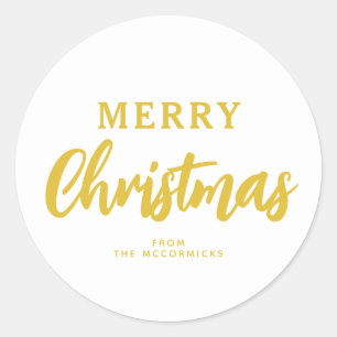 Minimalist White Gold Merry Christmas Family Name Classic Round Sticker