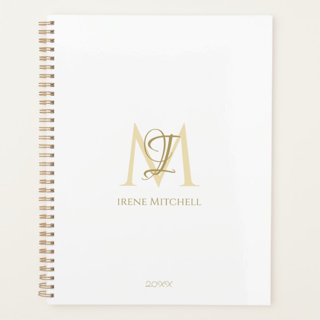 Minimalist White Gold Monogram Name Modern Planner (Front)