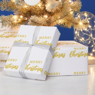 Minimalist White Gold Script Merry Christmas Wrapping Paper