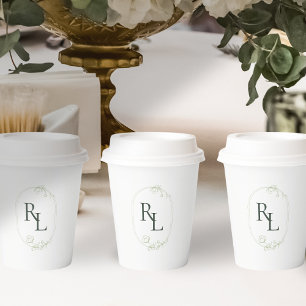 Minimalist White & Green Couple Monogram Wedding  Paper Cups