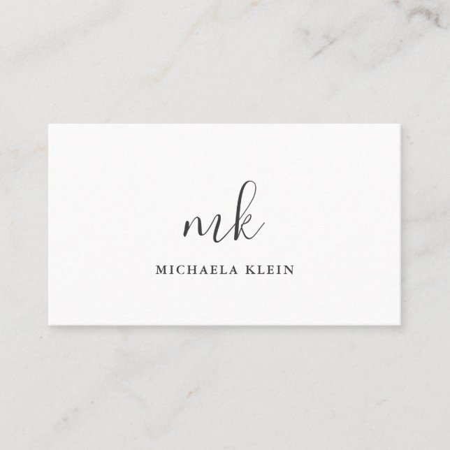 Minimalist White & Grey Script Monogram Business Card (Front)