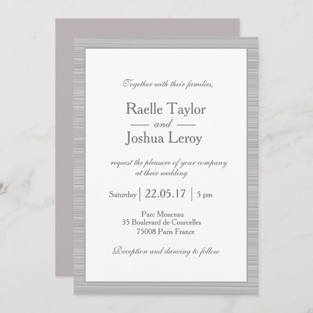 Minimalist white grey stripes blush pink wedding invitation (Front/Back)