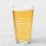 Minimalist White Groomsman Wedding Glass<br><div class="desc">Perfect favour for your groomsmen where you can personalise the beer glass with your groomsman's name,  the names of the happy couple,  and wedding date in a minimalist typography design in white.</div>