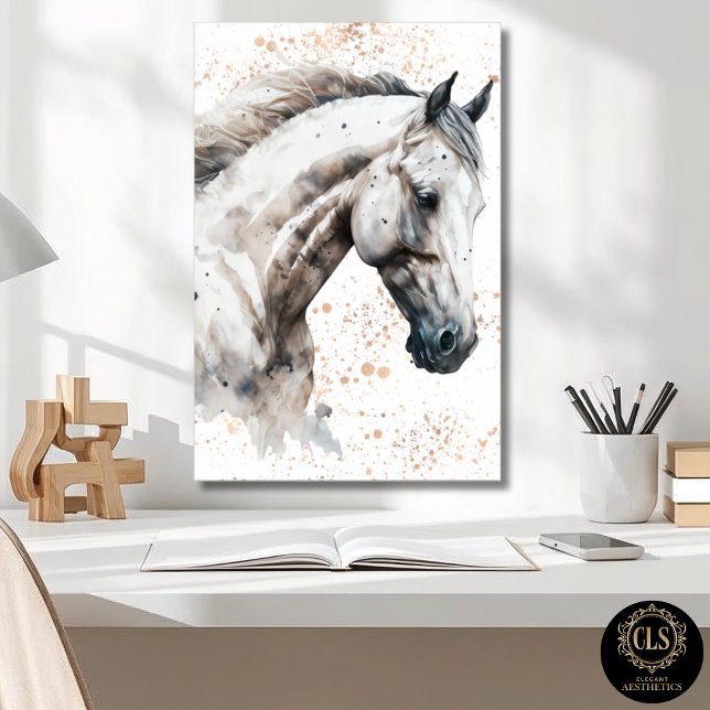 Minimalist White Horse Watercolor Poster (close up of office desk and White Horse Watercolor Art Downloadable Poster on wall
)