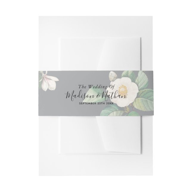 Minimalist White Japanese Camellia Wedding Invitation Belly Band (Front Example)