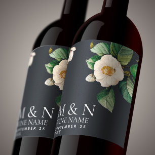 Minimalist White Japanese Camellia Wedding Wine Label