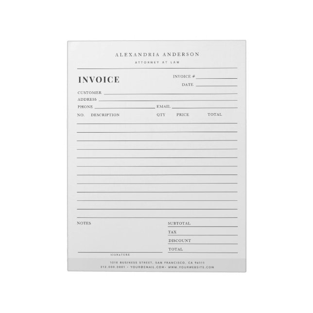 Minimalist White Lawyer Professional Invoice Notepad (Rotated)