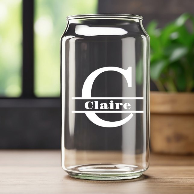 Minimalist White Letter C Monogram and Custom Name Can Glass (Creator Uploaded)